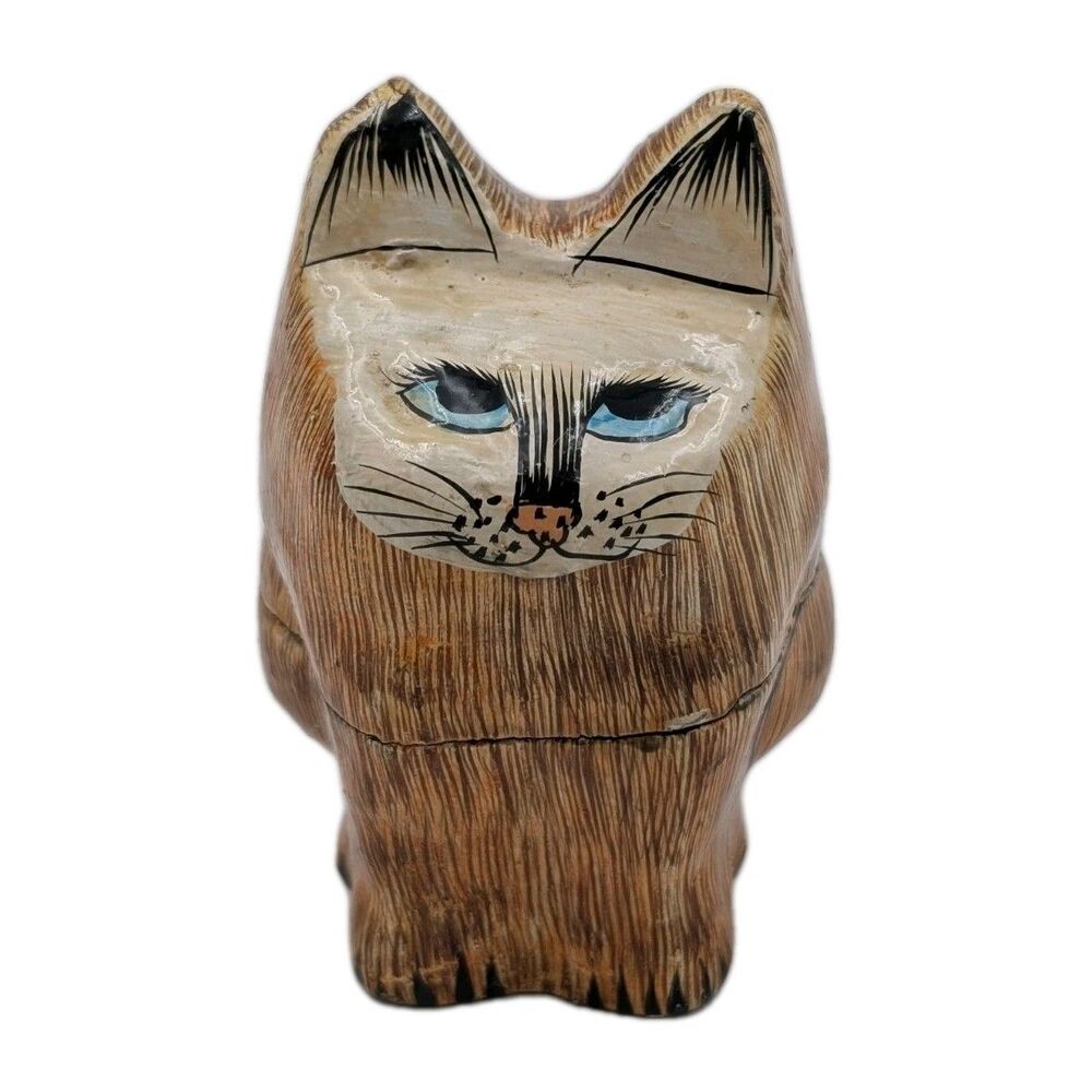 Vintage Kashmiri Papier Mache Cat Trinket Box Hand Painted Siamese Figurine...